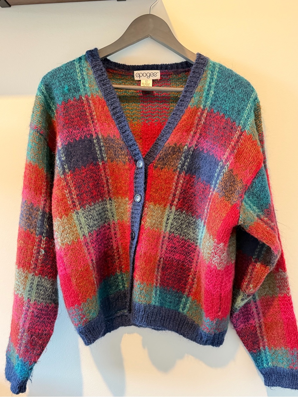 Vintage Epogee Mohair Plaid Cardigan Sweater Size L Colorful Oversized Knit